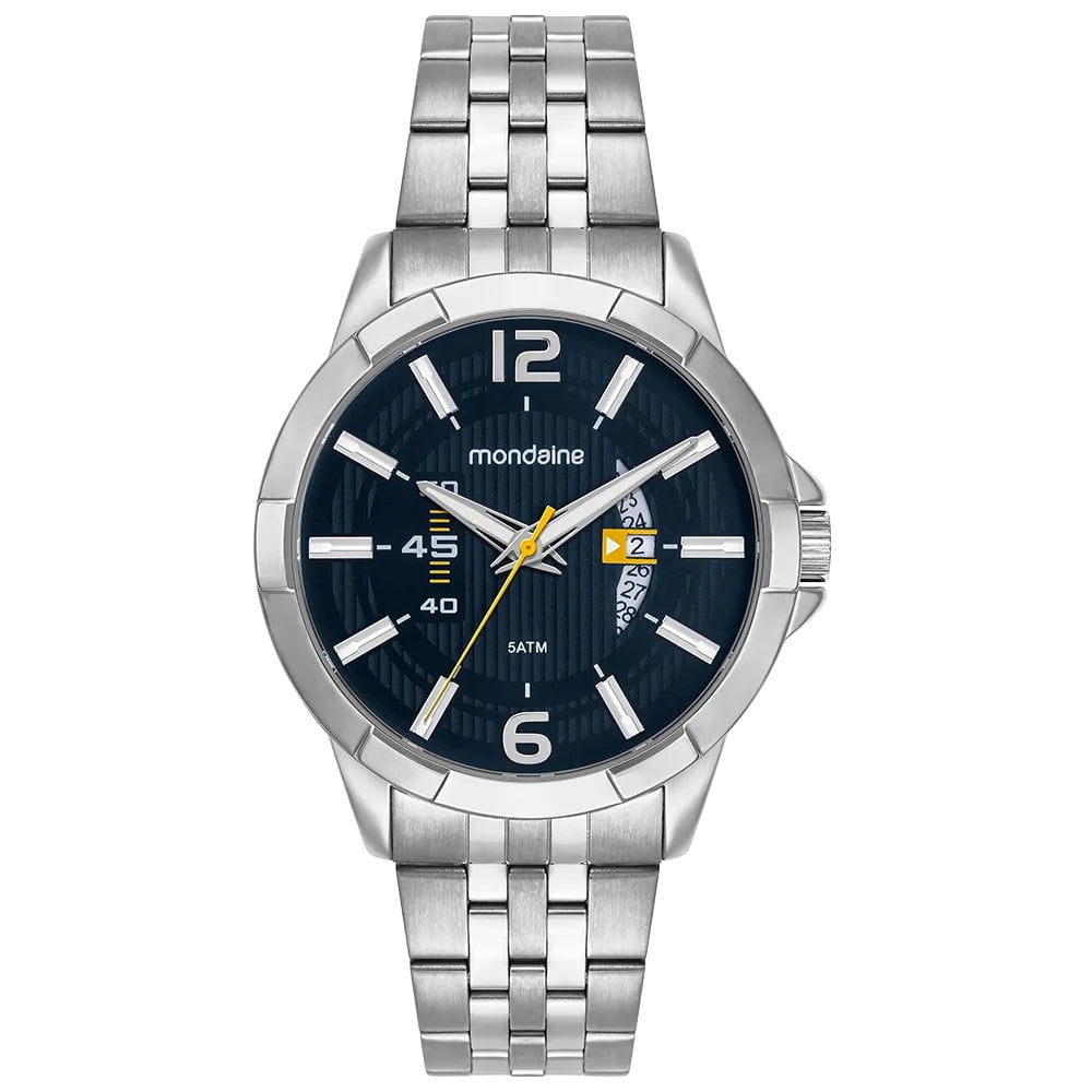 Relógio Mondaine Masculino Prateado Visor Azul Texturizado com Calendário Á Prova d'água 99808G0MVNE3