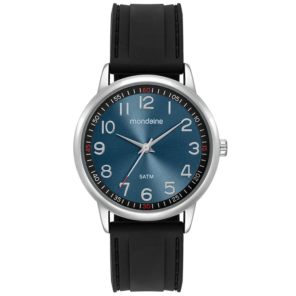 Relógio Mondaine Masculino Prateado Visor Azul Todo Numerado Pulseira em Silicone Preta Á Prova d'água 99899G0MVNI2