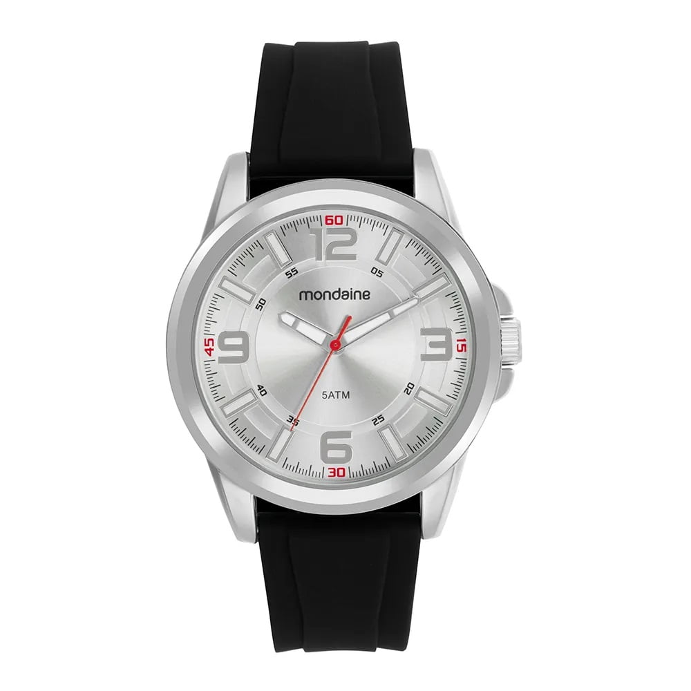 Relógio Mondaine Masculino Prateado Visor Branco Pulseira em Silicone Preta Á Prova d'água 83521G0MVNI2