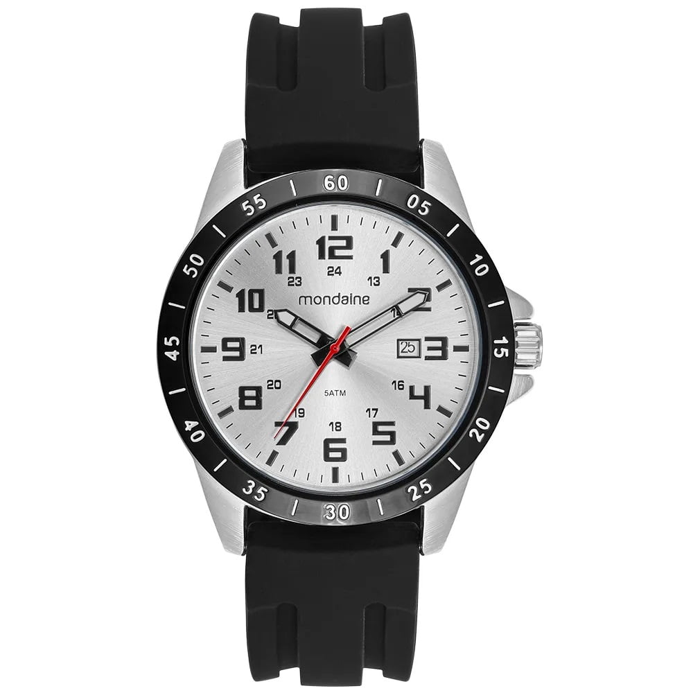 Relógio Mondaine Masculino Prateado Visor Prata Todo Numerado Com Calendário e Taquímetro Pulseira em Silicone Preta Á Prova d'água 99813GPMVCI1