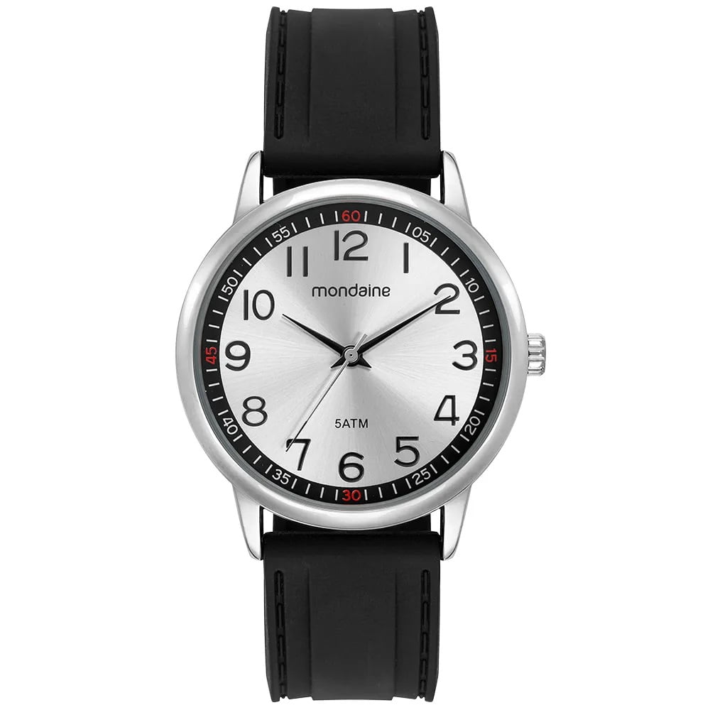 Relógio Mondaine Masculino Prateado Visor Prata Todo Numerado Pulseira em Silicone Preta Á Prova d'água 99899G0MVNI1