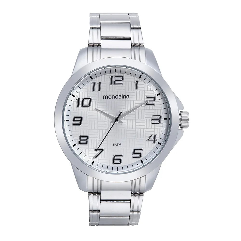 Relógio Mondaine Masculino Prateado Visor Prata Texturizado com Numeração Completa Á Prova d'águac99681G0MVNE1