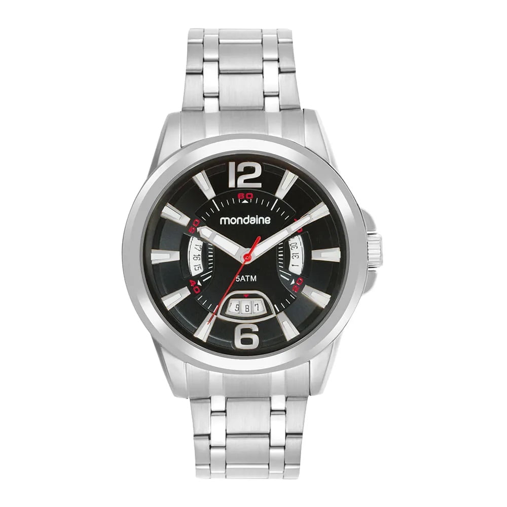 Relógio Mondaine Masculino Prateado Visor Preto Com Calendário Á Prova d´água 83522G0MVNE2