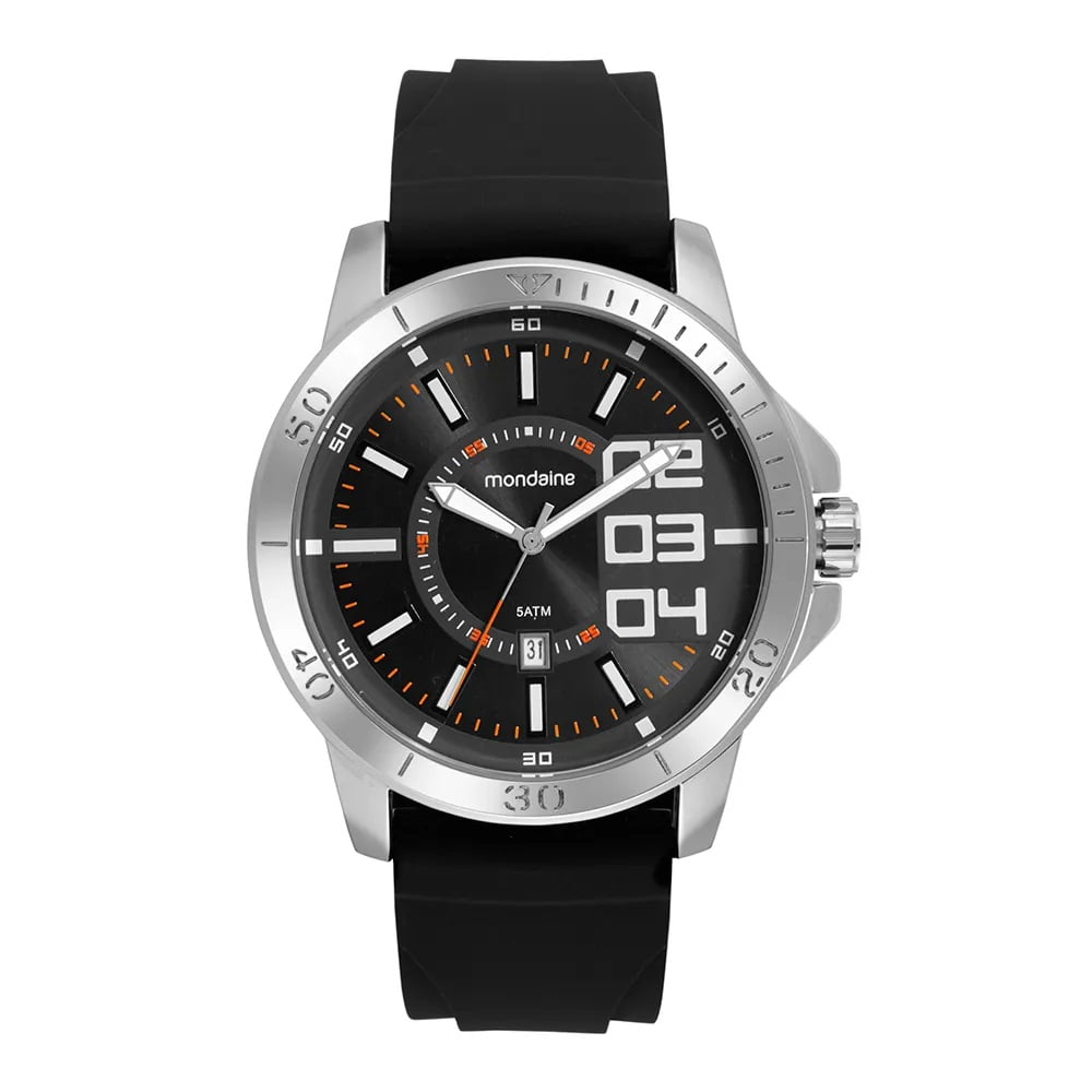 Relógio Mondaine Masculino Prateado Visor Preto com Calendário Pulseira em Silicone á Prova D'água  99734G0MVNI2