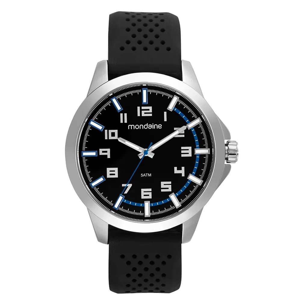Relógio Mondaine Masculino Prateado Visor Preto com Detalhe Azul Numeração Completa Pulseira em Silicone á Prova d'água 99677G0MVNI1