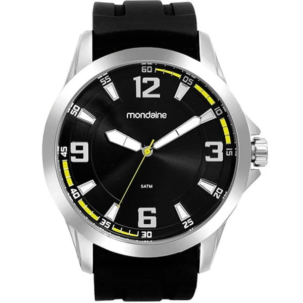 Relógio Mondaine Masculino Prateado Visor Preto com Detalhe Verde Pulseira em Silicone Á Prova d'água 99661G0MVNI1