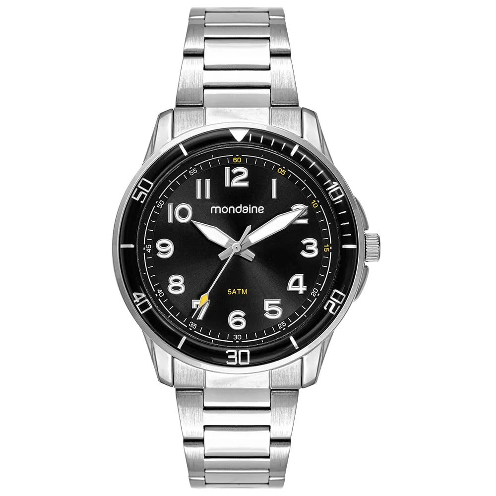 Relógio Mondaine Masculino Prateado Visor Preto com Numeração Completa Á Prova d'água 33028G0MVNE3