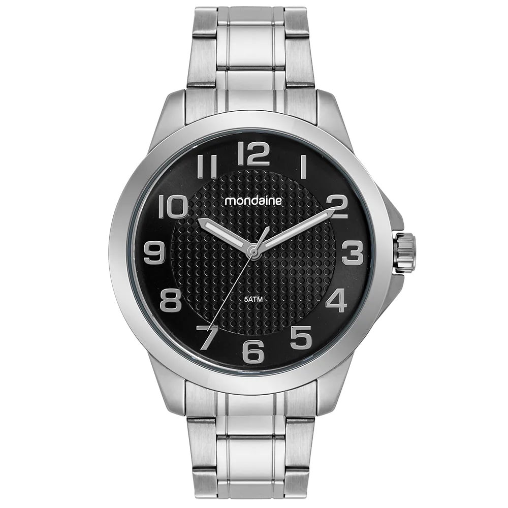 Relógio Mondaine Masculino Prateado Visor Preto com Numeração Completa visor Texturizado Á Prova d'água 99769G0MVNE1