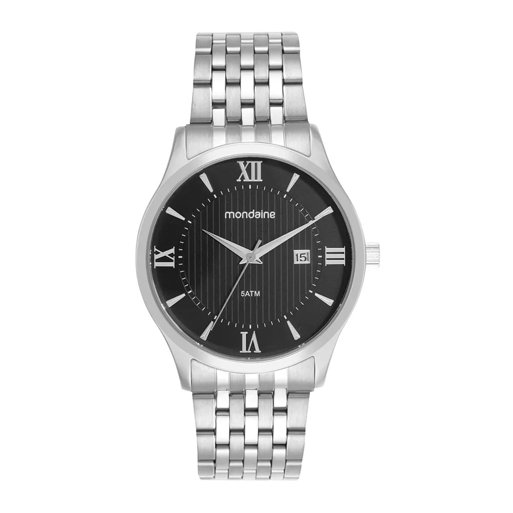 Relógio Mondaine Masculino Prateado Visor Preto com Números Romanos e calendário Á Prova D'água 99806G0MVNE4