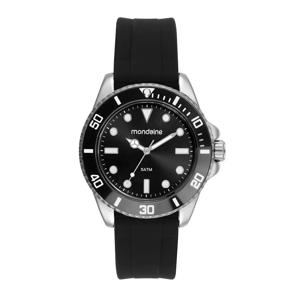 Relógio Mondaine Masculino Prateado Visor Preto com Taquímetro Pulseira em Silicone á Prova d'água 32902G0MVNI1
