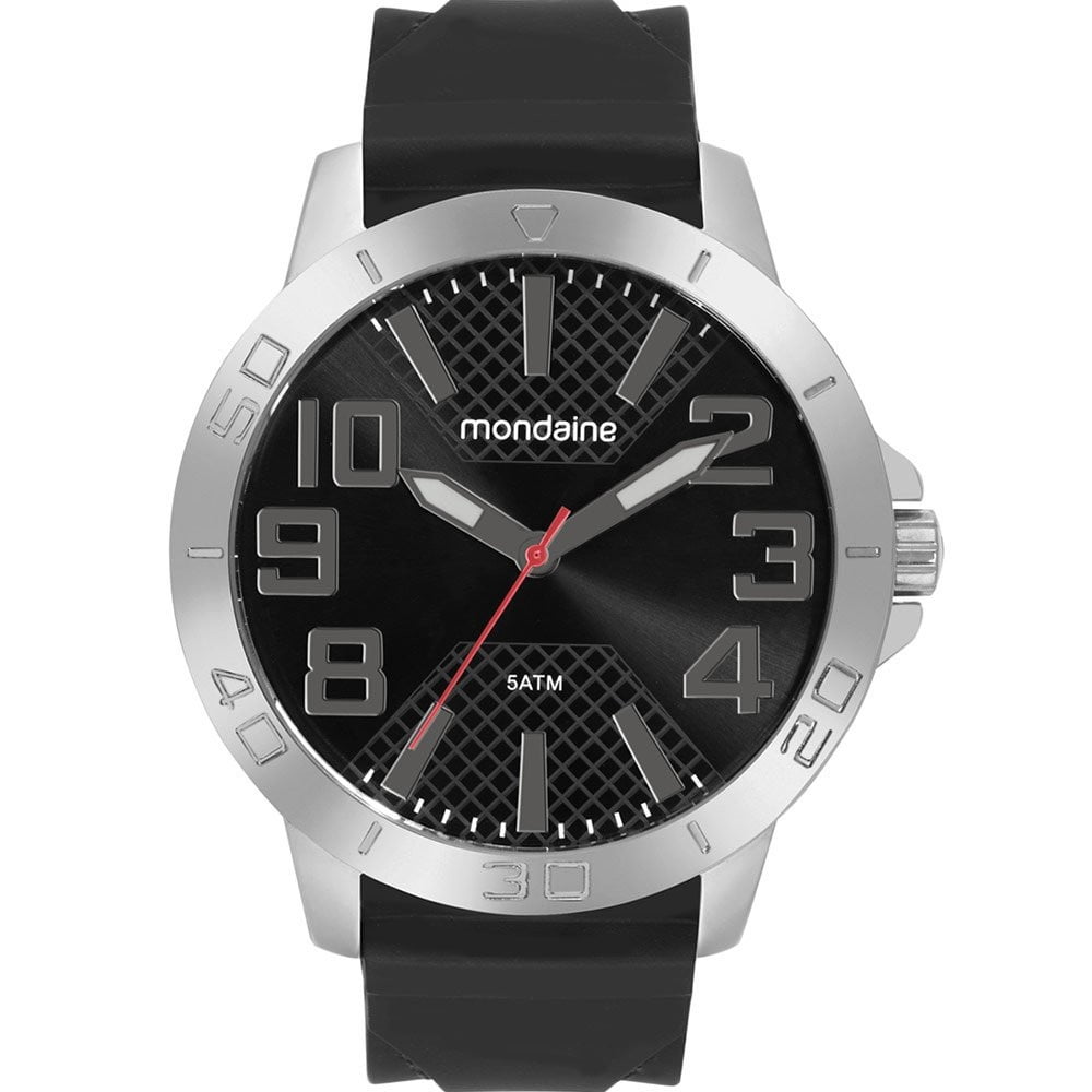 Relógio Mondaine Masculino Prateado Visor Preto Com Taquímetro Pulseira em Silicone Preta Á Prova d'água 99828G0MVNI3