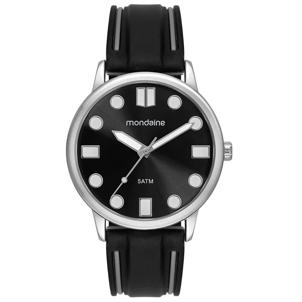 Relógio Mondaine Masculino Prateado Visor Preto Pulseira em Silicone Bicolor Preta e Cinza Á Prova d'água 99901G0MVNI1