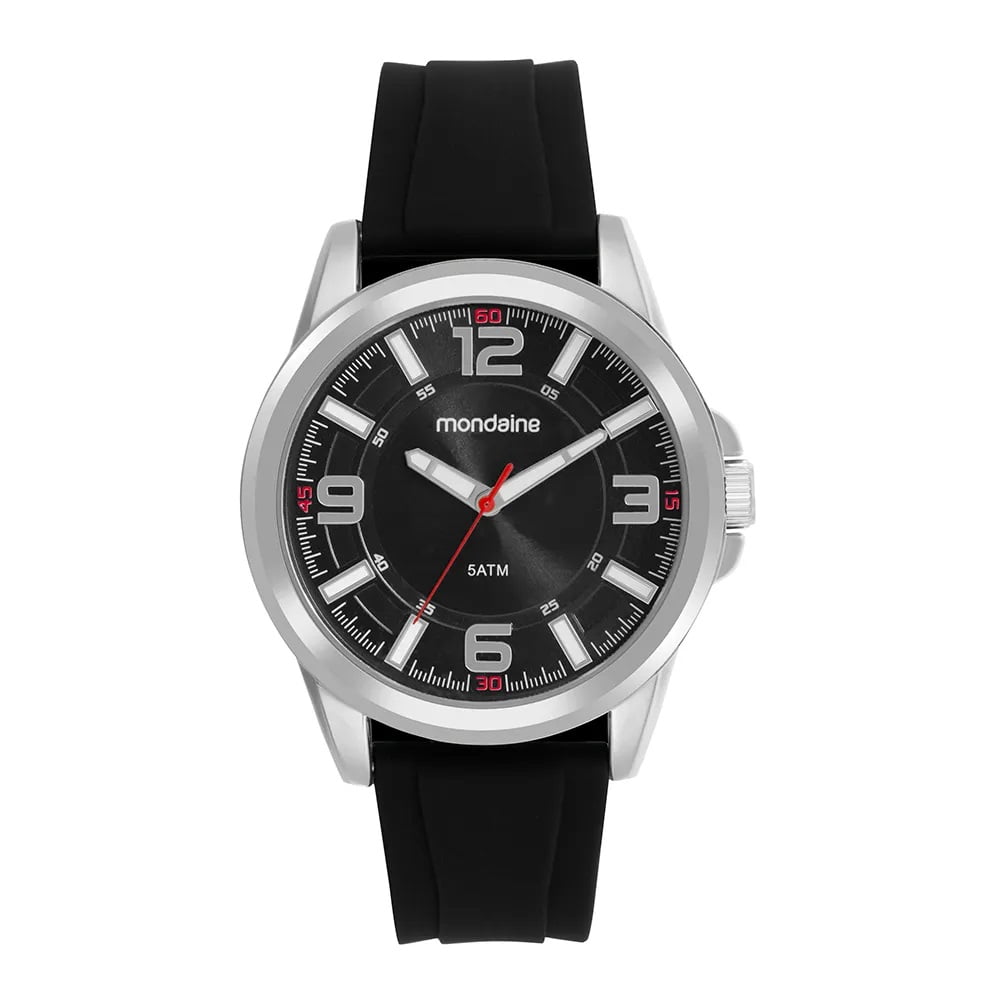 Relógio Mondaine Masculino Prateado Visor Preto Pulseira em Silicone Preta Á Prova d'água 83521G0MVNI3