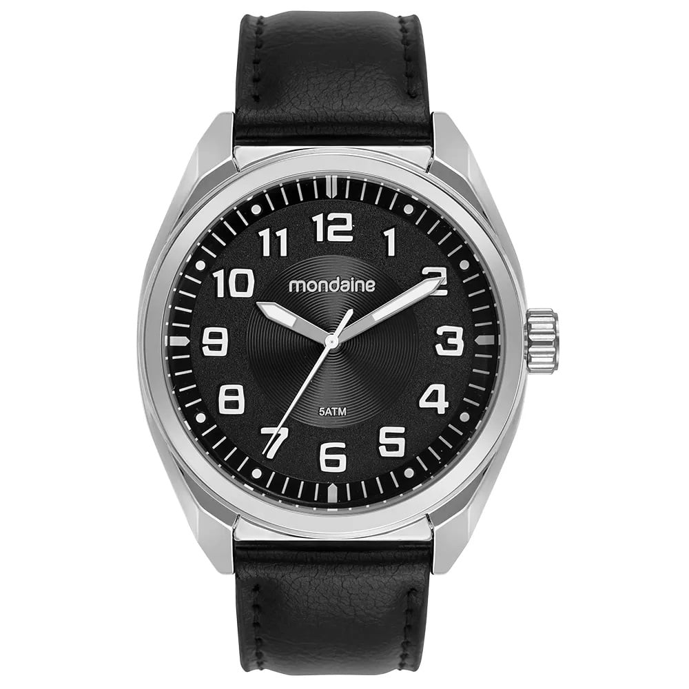 Relógio Mondaine Masculino Prateado Visor Preto Todo Numerado Pulseira em Couro Preta Á Prova d'água 99809G0MVNH2