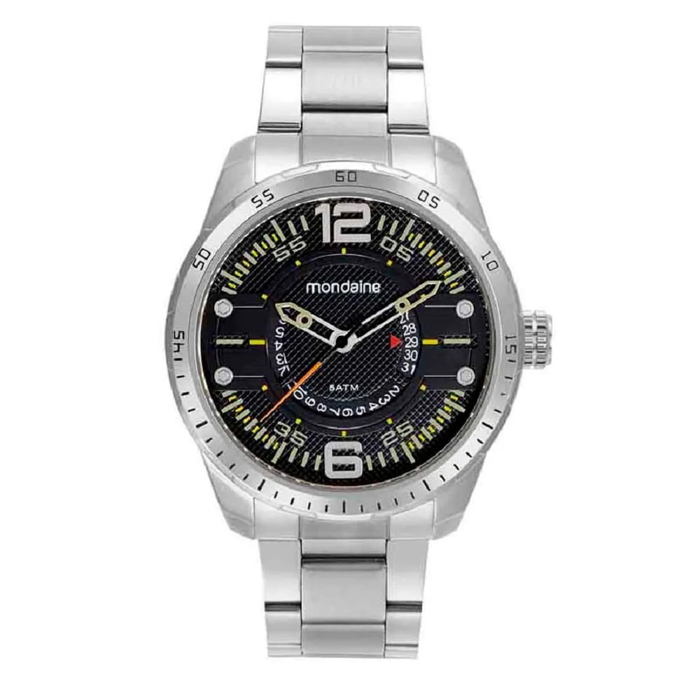 Relógio Mondaine Masculino Prateado Visor Texturizado Preto Calendário Taquímetro Á Prova d'água 99644G0MVNE2