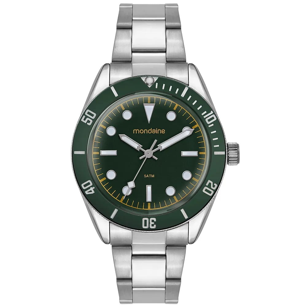 Relógio Mondaine Masculino Prateado Visor Verde com Vidro Dome Á Prova d'água 33038G0MVNE4