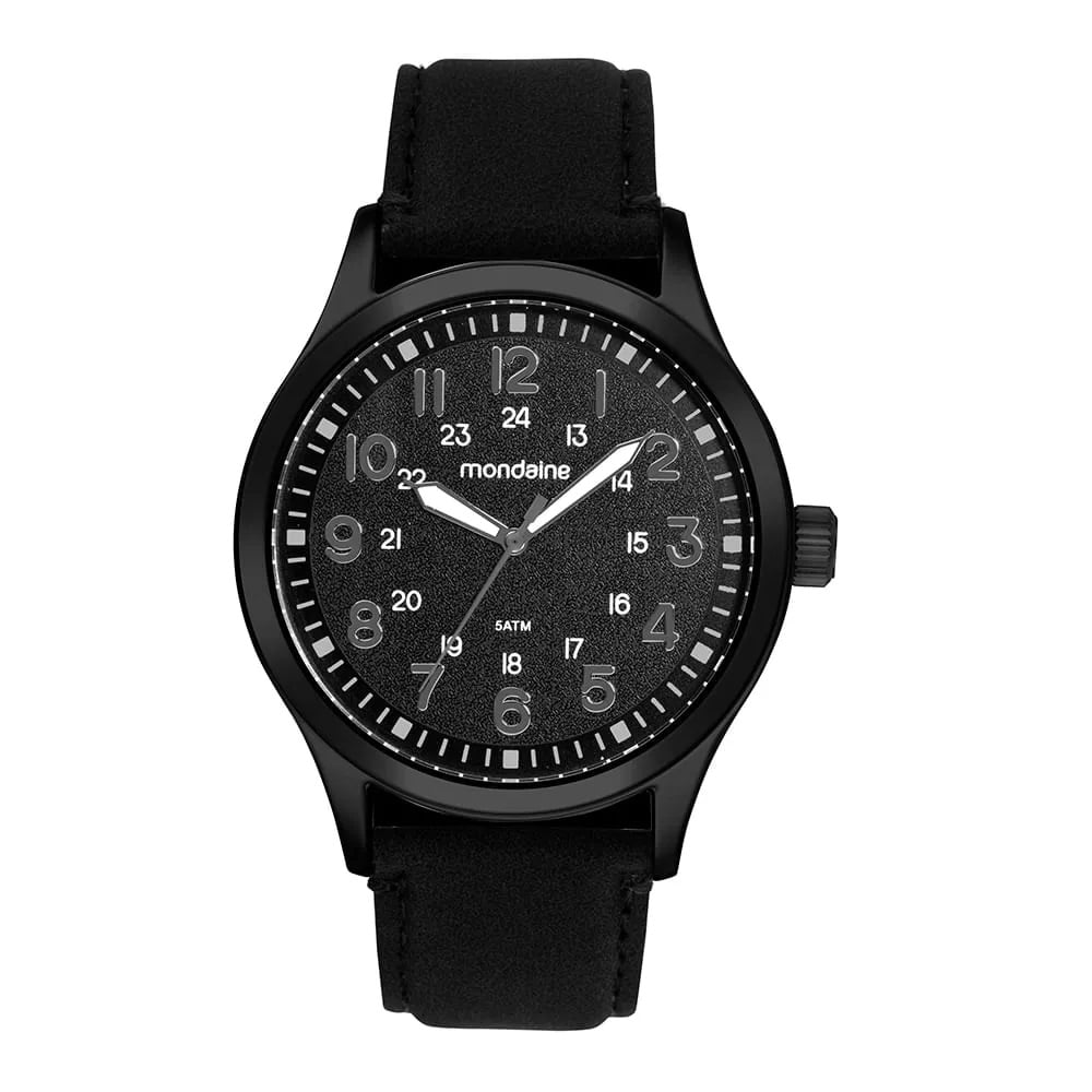 Relógio Mondaine Masculino Preto Visor Com Numeração Completa e Pulseira em Couro Preta Á Prova D'água 99827GPMVPH1