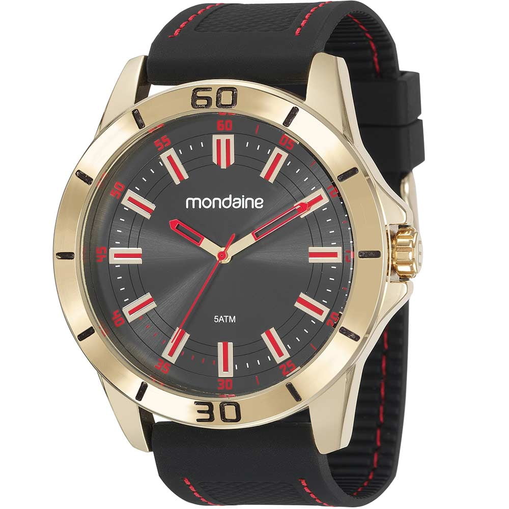 Relógio Mondaine Masculino Dourado Visor Preto com Detalhe Vermelho Pulseira de Silicone Á Prova d'água 99375GPMVDI2