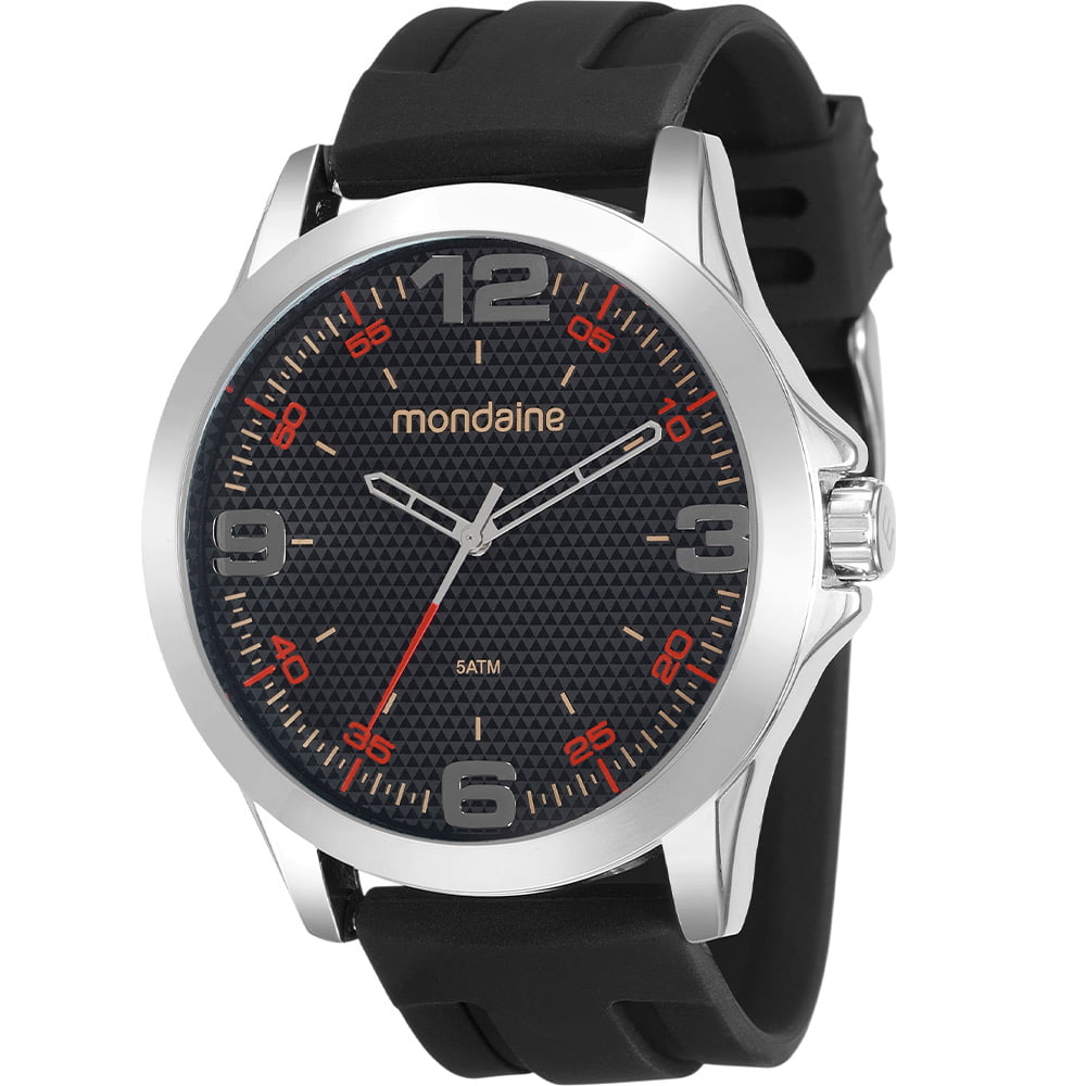 Relógio Mondaine Masculino Prateado com Visor Preto Texturizado Pulseira em Silicone Á Prova d'água 99188G0MVNI2