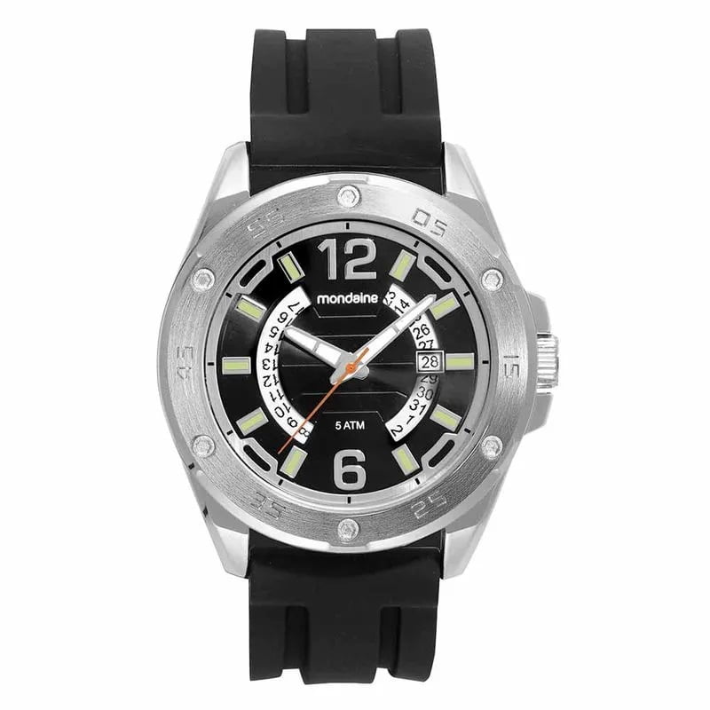 Relógio Mondaine Masculino Prateado Visor Preto com Detalhe Verde Calendário e Taquímetro Pulseira em Silicone Preta Á Prova D'água 83502G0MVNI2