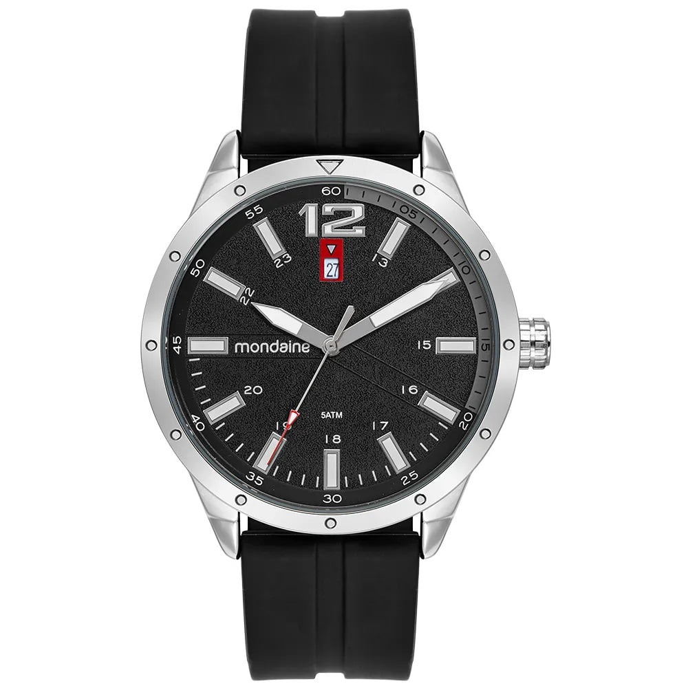Relógio Mondaine Prateado Masculino Visor Preto Texturizado Calendário com Pulseira em Silicone Á Prova d'água99903G0MVNI3