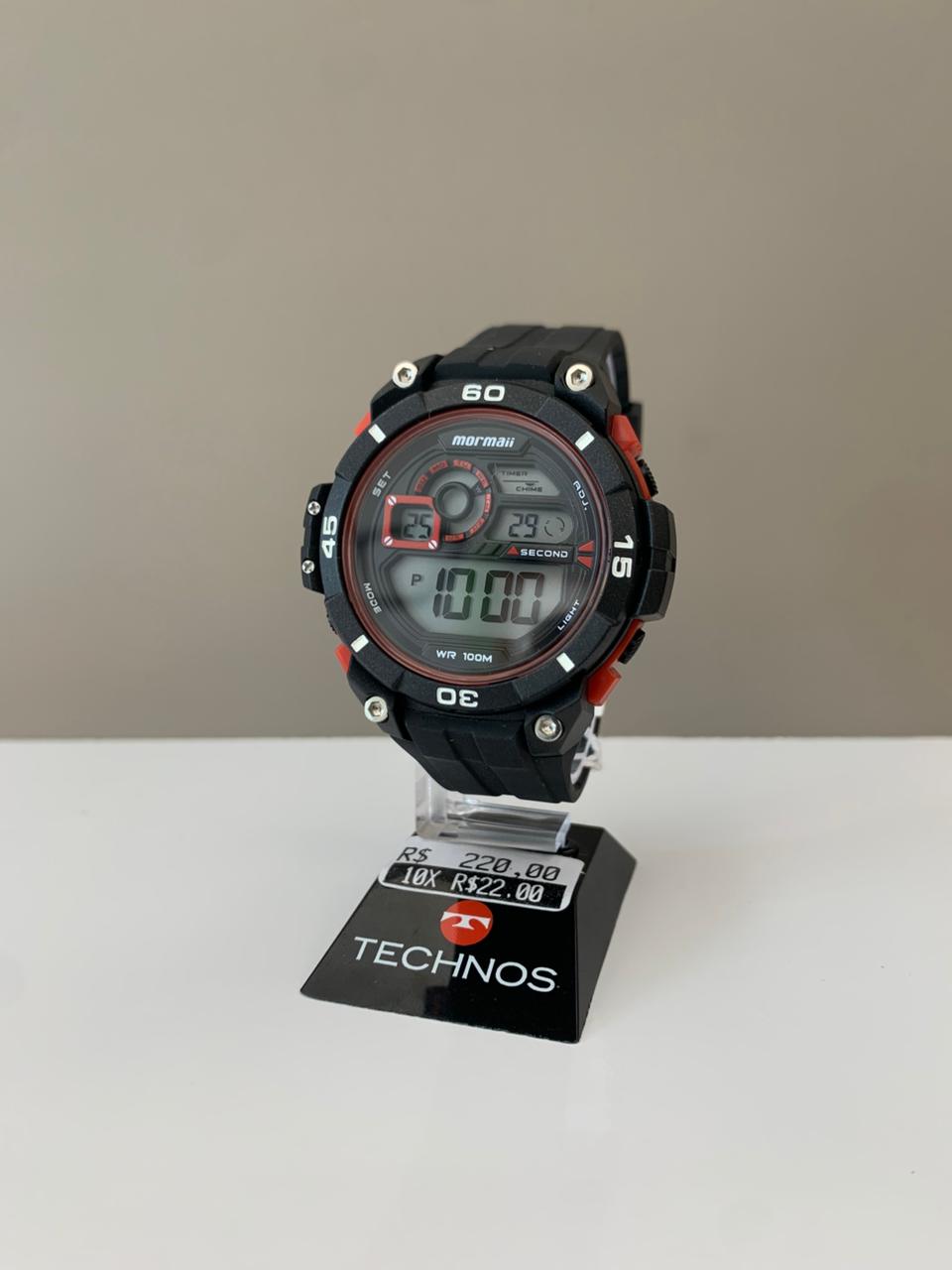 Relógio Mormaii Masculino Esportivo Digital Preto com Detalhe Vermelho Pulseira em Silicone á Prova D'água MO2019/8R