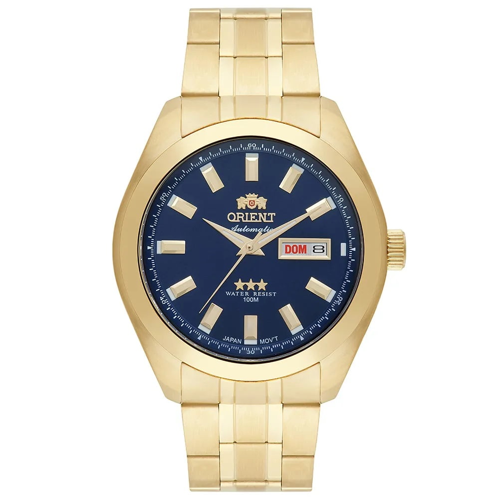 Relógio Orient Automático Masculino Dourado Visor Azul com Calendário Maquinário Japonês Aço Inoxidável Á Prova d'água 469GP075F D1KX