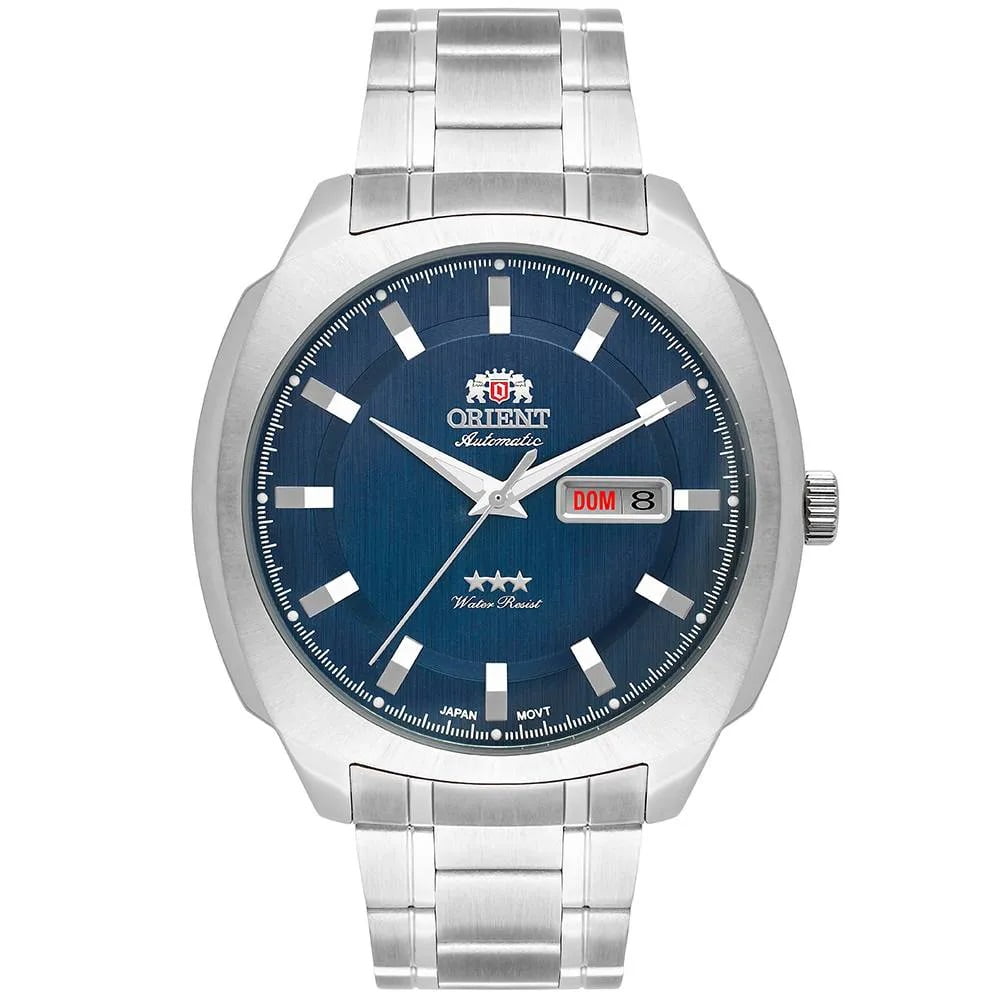 Relógio Orient Automático Masculino Prata Visor Azul com Calendário Duplo Maquinário Japonês Aço Inoxidável Á Prova d'água F49SS022