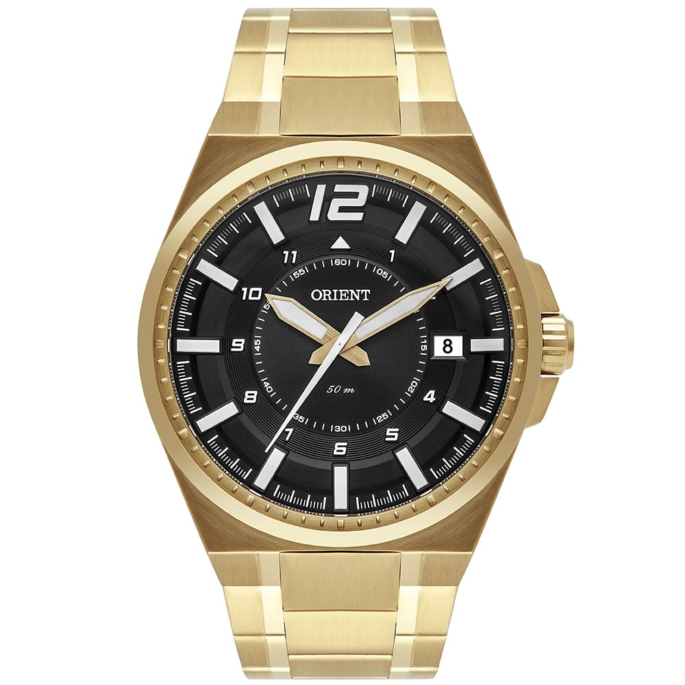 Relógio Orient Masculino Dourado com Calendário e Visor Preto Texturizado Maquinário Japonês Aço Inoxidável Á Prova d'água MGSS1224