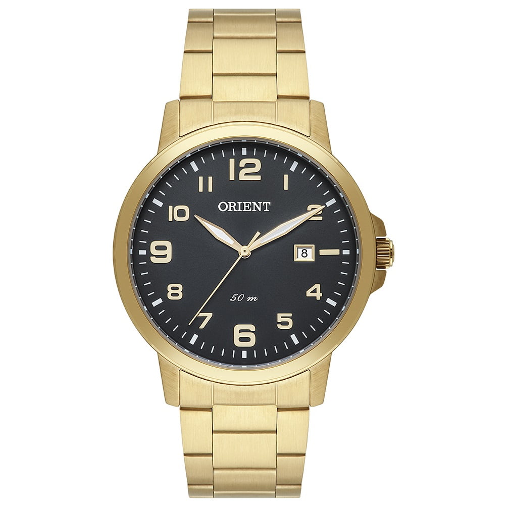 Relógio Orient Masculino Dourado Com Calendário Visor Preto Maquinário Japonês Aço Inoxidável Á Prova d'água MGSS1192 
