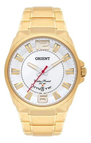 Relógio Orient Masculino Dourado com Visor Branco possui calendário Aço Inoxidável á Prova D'água MGSS1157