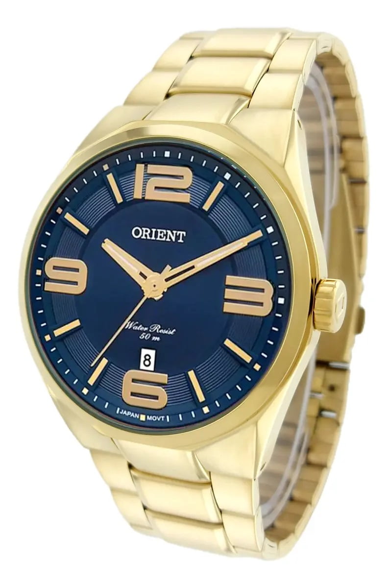 Relógio Orient Masculino Dourado Visor Azul com Calendário Maquinário Japonês Aço Inoxidável Á Prova d'água MGSS1136