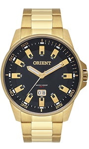 Relógio Orient Masculino Dourado Visor Preto com Calendário Maquinário Japonês Aço Inoxidável Á Prova d'água MGSS1218