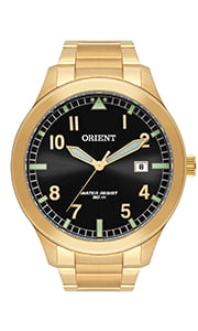 Relógio Orient Masculino Dourado Visor Preto com Detalhe Verde Calendário Maquinário Japonês Aço Inoxidável Á Prova d'água MGSS1181 