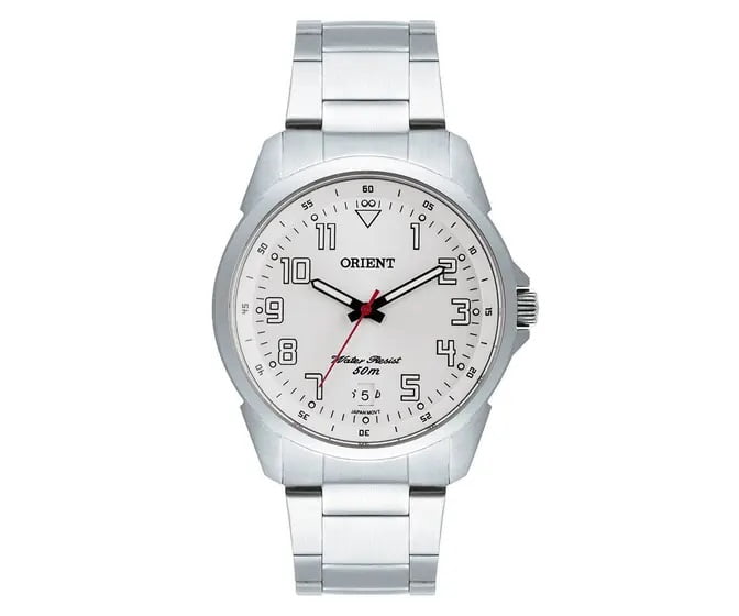Relógio Orient Masculino Prata com visor Branco com Calendário Aço Inox a prova d'água MBSS1154A