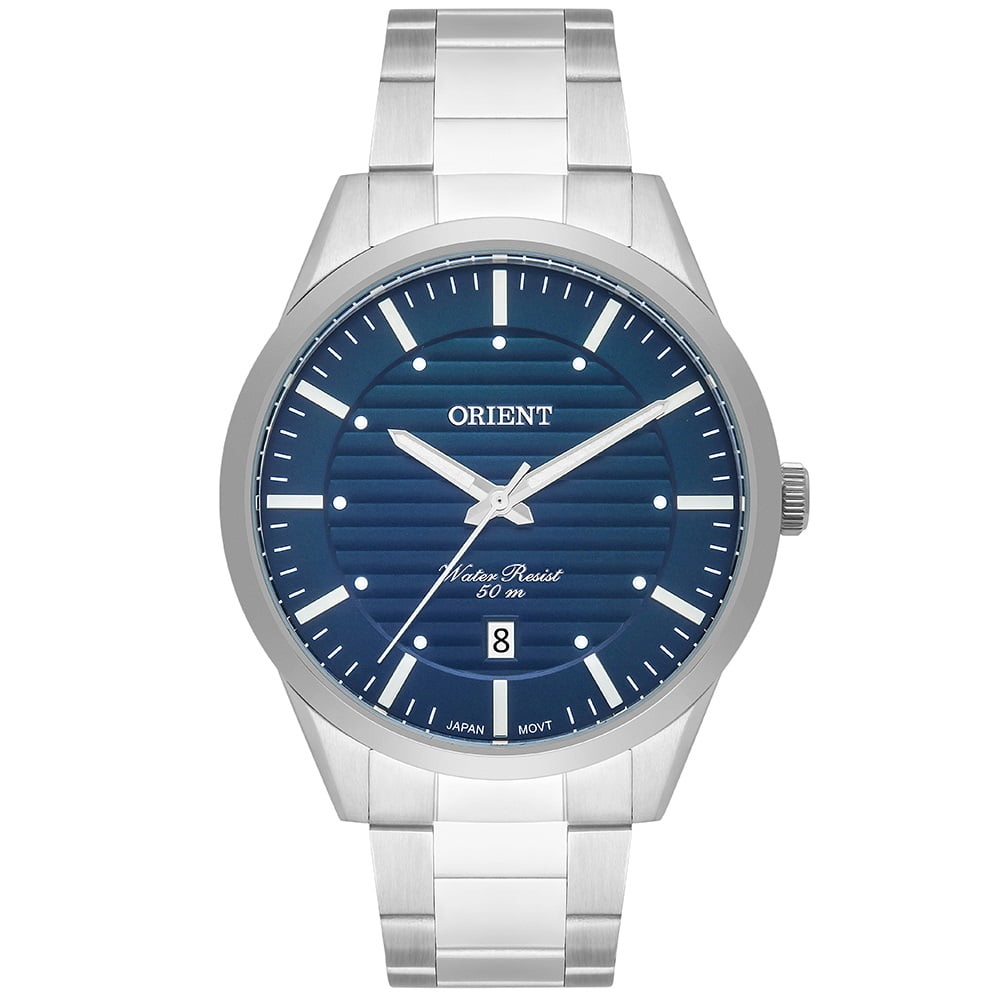 Relógio Orient Masculino Prateado com Calendário Visor Azul Texturizado Minimalista Maquinário Japonês Aço Inoxidável Á Prova d'água MBSS1422 