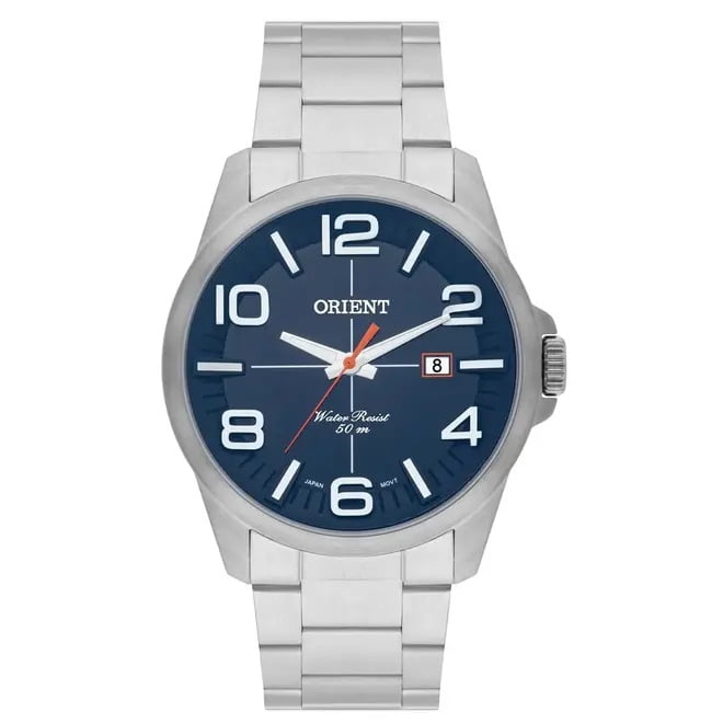 Relógio Orient Masculino Prateado Minimalista Visor Azul com Detalhe Laranja Calendário Maquinário Japonês Aço Inoxidável Á Prova d'água MBSS1289