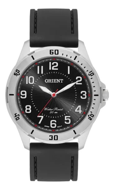 Relógio Orient Masculino Prateado Visor Preto Todo Numerado Pulseira em Silicone Maquinário Japonês Aço Inoxidável Á Prova d'água MBSP0003