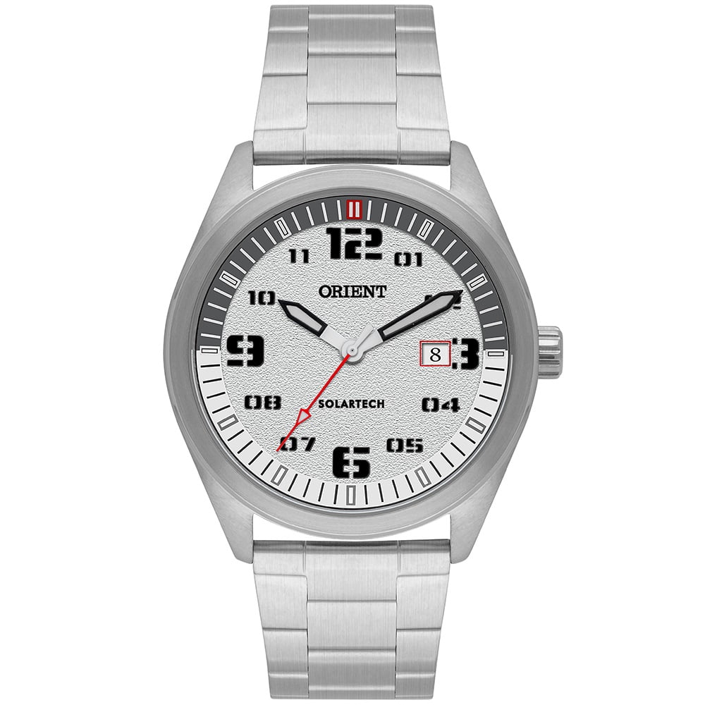 Relógio Orient Solartech Masculino Prateado Visor Branco com Calendário Aço inoxidável á Prova D'água MBSS1489