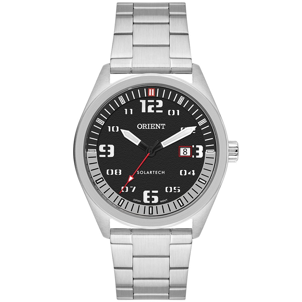 Relógio Orient Solartech Masculino Prateado Visor Preto Grafite com Calendário Aço inoxidável á Prova D'água MBSS1489