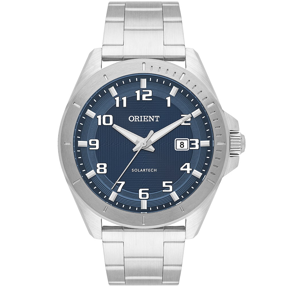 Relógio Orient Solartech Masculino ST Neosports Prateado Visor Azul sunray com Calendário Aço inoxidável á Prova D'água MBSS1507