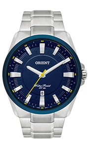 Relógio Orient Sport Masculino Prateado com Calendário e Visor Azul Maquinário Japonês Aço Inoxidável Á Prova d'água MBSS1356