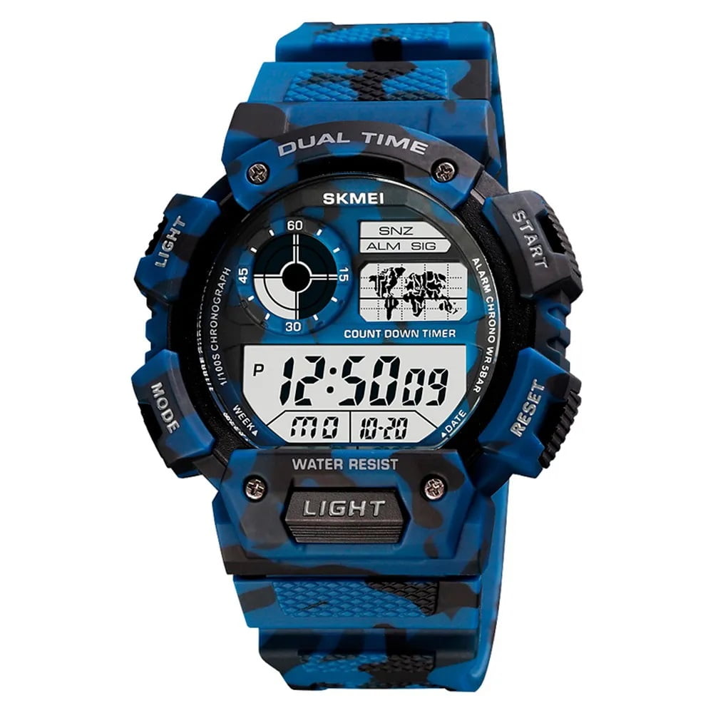 Relógio Skmei Masculino Azul Camuflado Esportivo Digital em Poliuretano Á Prova d'água 1723