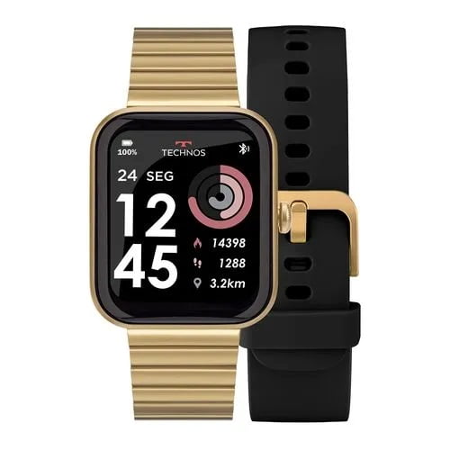 Relógio Smartwatch Technos Connect Max Digital Dourado Quadrado Troca de Pulseira Inteligente Aço Inoxidável á Prova D'água TMAXAH/7D