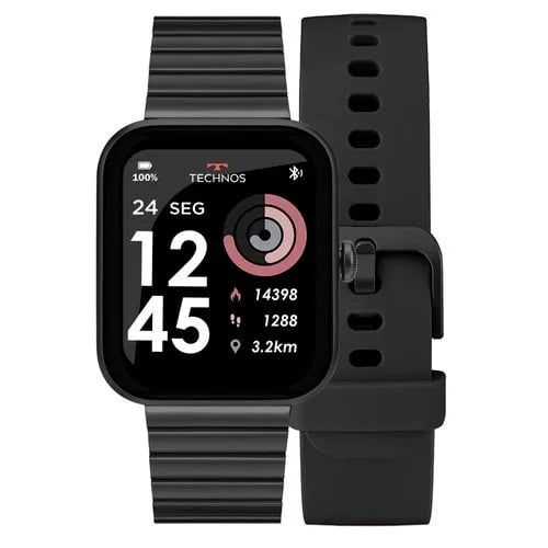 Relógio Smartwatch Technos Connect Max Digital Preto Quadrado Troca de Pulseira Inteligente Aço Inoxidável á Prova D'água TMAXAI/8P