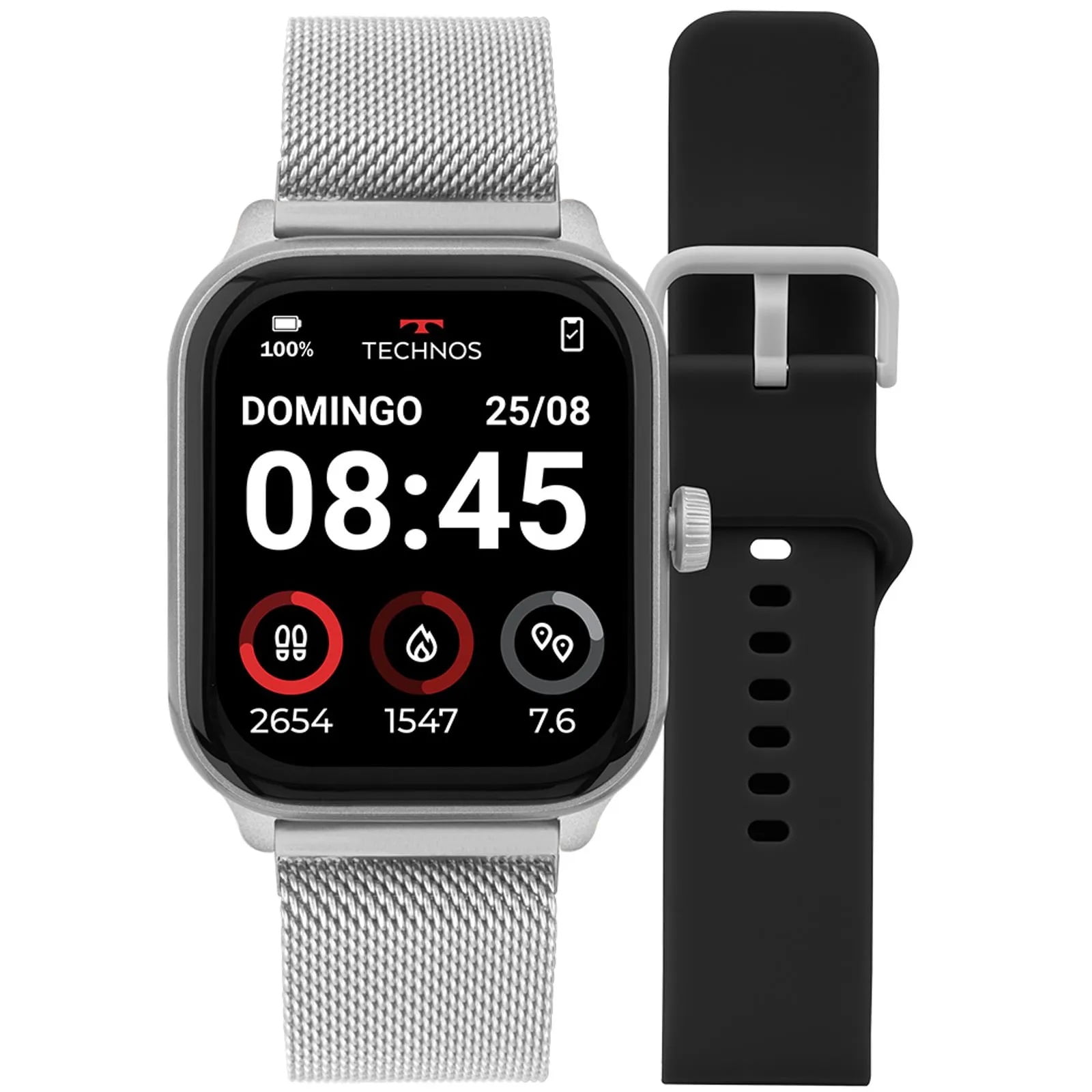 Relógio Smartwatch Technos Connect Max Pro Digital Prata Quadrado Troca de Pulseira Inteligente Aço Inoxidável á Prova D'água TMAXPAB/8K