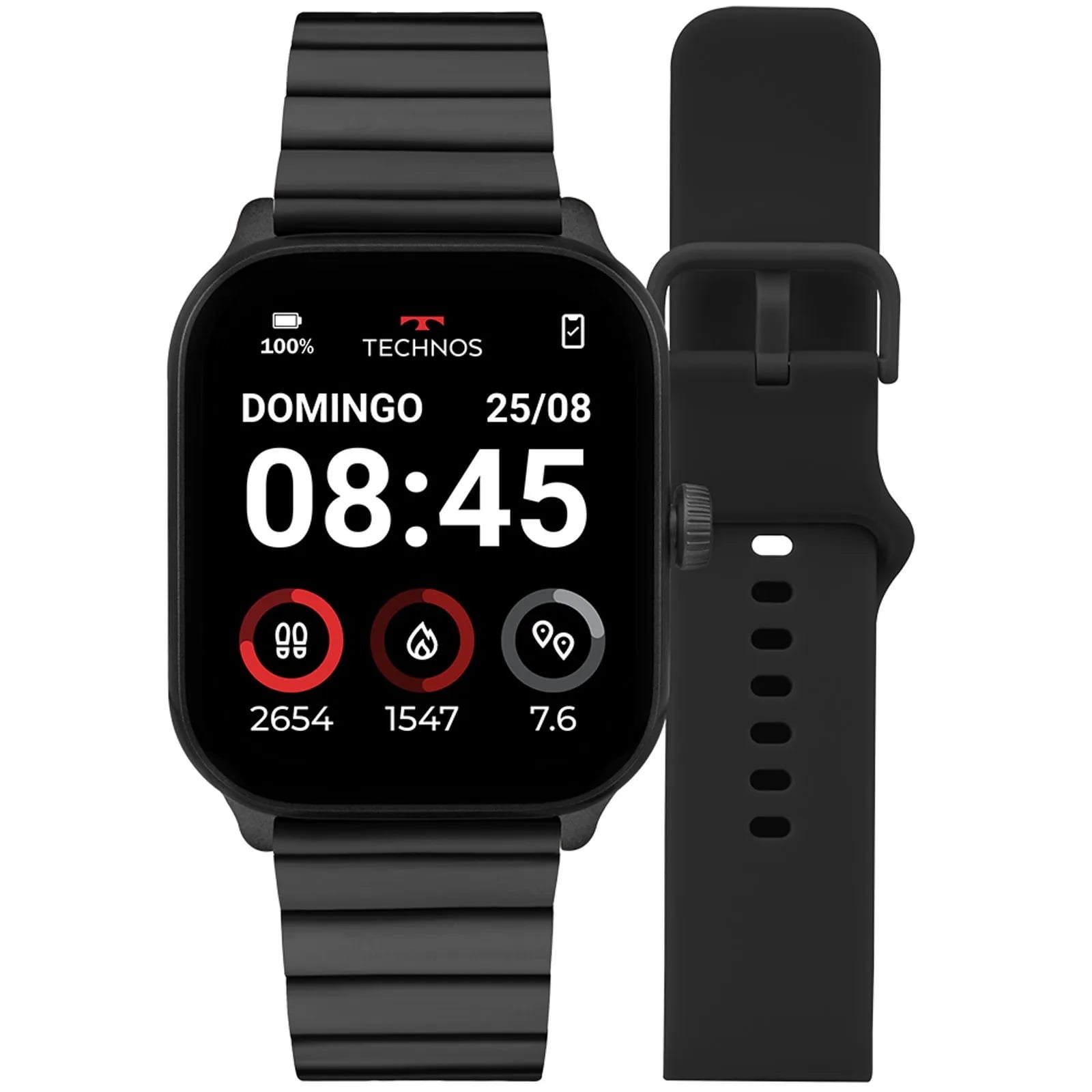 Relógio Smartwatch Technos Connect Max Pro Digital Preto Quadrado Troca de Pulseira Inteligente Aço Inoxidável á Prova D'água TMAXPAA/9P