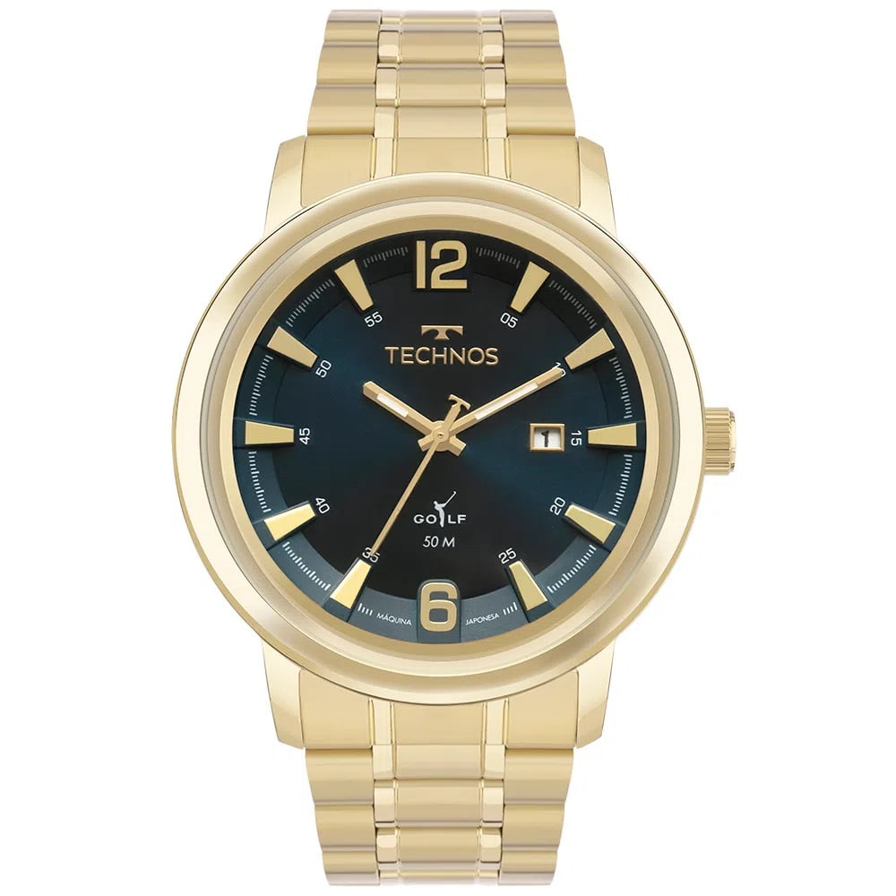 Relógio Technos Golf Dourado verde Masculino Com calendário a prova d´água Aço inox 2115NBF/1A