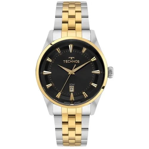 Relógio Technos Executive Masculino Bicolor Visor Preto com Calendário Maquinário Japonês Aço Inoxidável á Prova d'água 2115UAN/1P