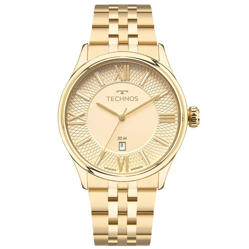 Relógio Technos Executive Masculino Dourado Visor Champagne Texturizado com Calendário Maquinário Japonês Aço Inoxidável  á Prova d'água 2115UAV/1X